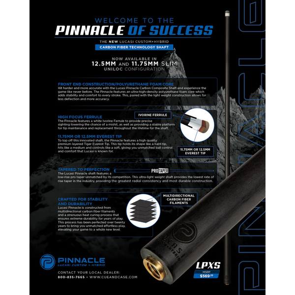 Cue and Case Lucasi Pinnacle Carbon Fiber Shaft-Billiard Cues-Cue and Case-Radial-11.75mm-Game Room Shop