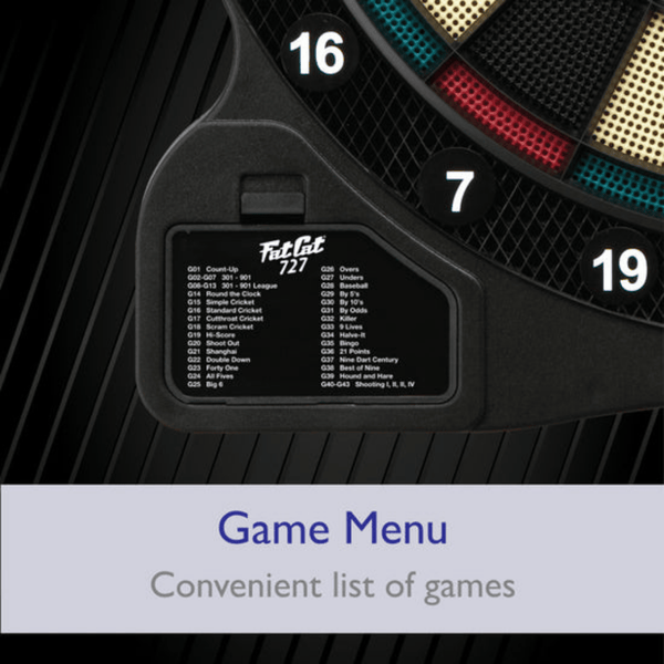 Fat Cat 727 Electronic Dartboard game menu graphic