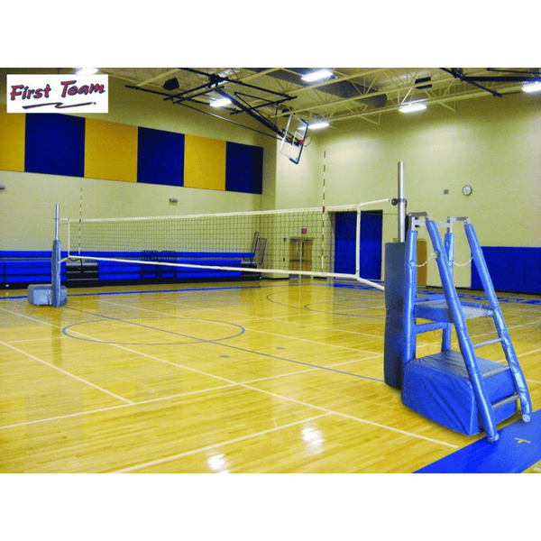 First Team PortaCourt Stellar Portable Recreational Volleyball System with judges stand in school gym-First Team-Game Room Shop