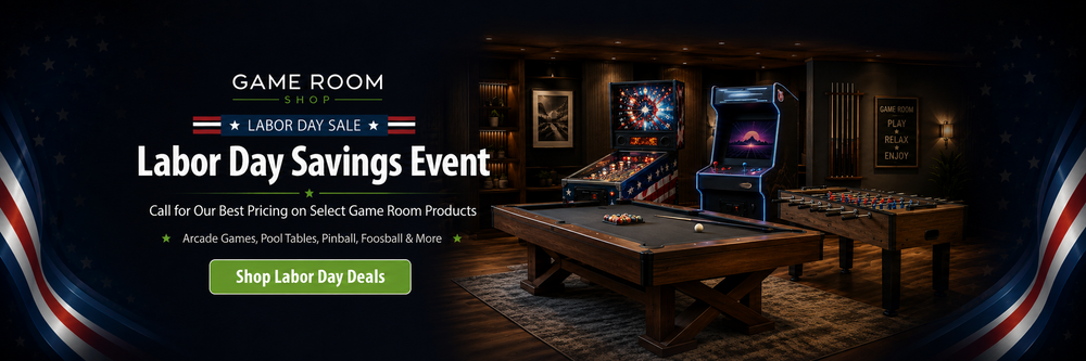Promotional banner for a Labor Day Savings Event at Game Room, showing a dark indoor arcade and foosball setup with a green 'Shop Labor Day Deals' button.