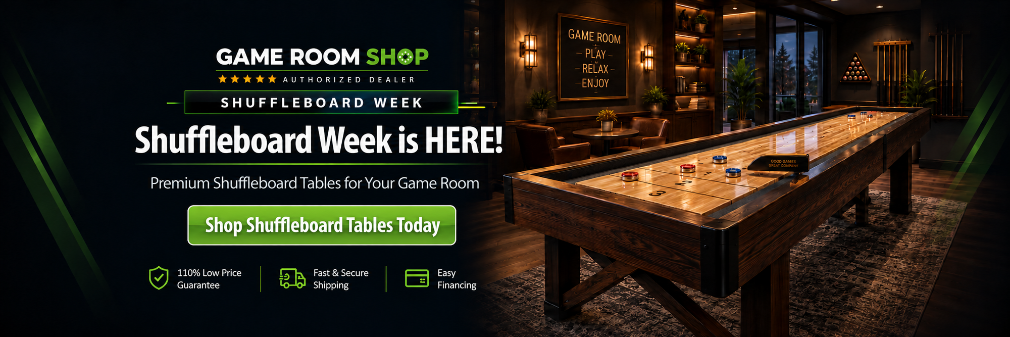 Promotional banner for Game Room Shop advertising Shuffleboard Week, featuring a large wooden shuffleboard table in a dimly lit game room with shelves and gaming decor in the background.