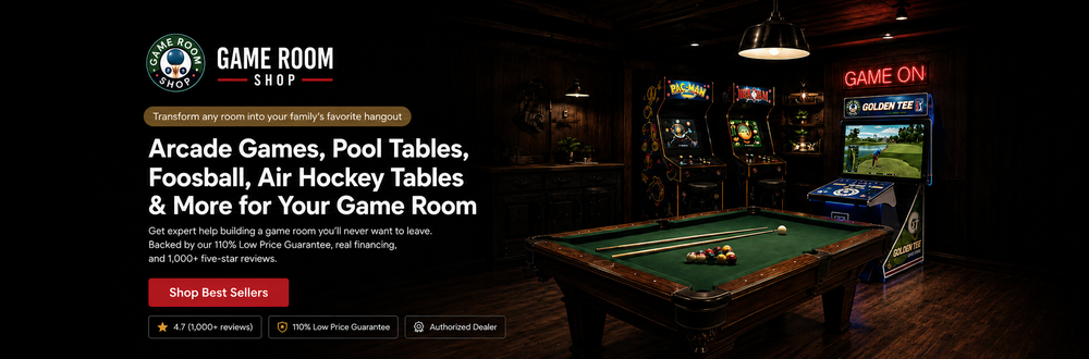 Promotional banner for Game Room Shop featuring a dark themed background with a pool table in the foreground and text advertising arcade games, pool tables, foosball, air hockey tables, and more for game rooms.