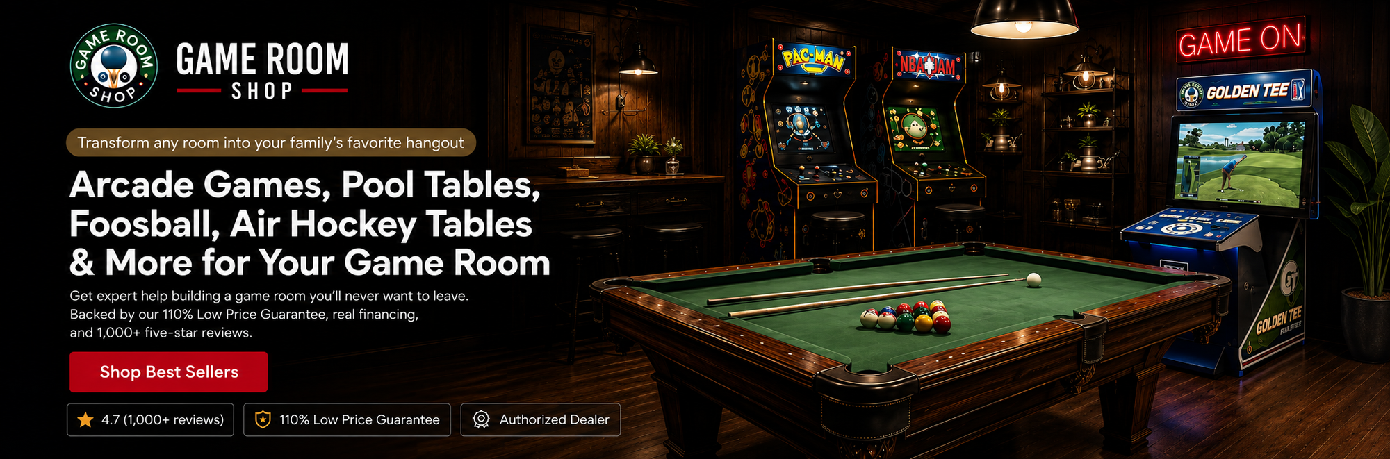 Promotional banner for 'Game Room Shop' featuring a dimly lit game room interior with a green pool table, arcade machines, and billiards tables, alongside text describing included amenities and a 'Shop Best Sellers' button.