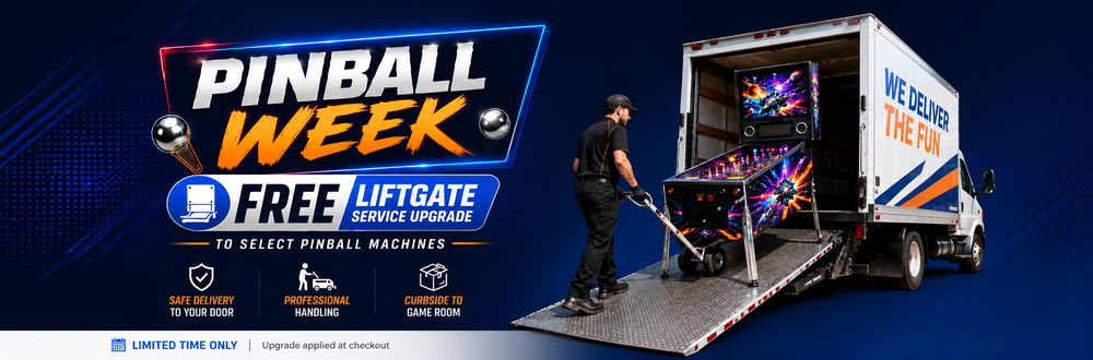 Promotional banner for Pinball Week featuring a large text graphic on the left and a white moving truck with a pinball machine being unloaded by a worker on the right, set against a dark blue background.