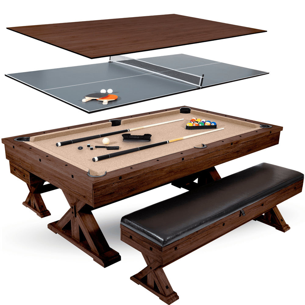 Freetime Fun The Rockford 7' Multi-Game Table-Multi-Game Tables-Freetime Fun-Table + Benches (with Storage Seating)-Espresso with Tan Felt-Game Room Shop