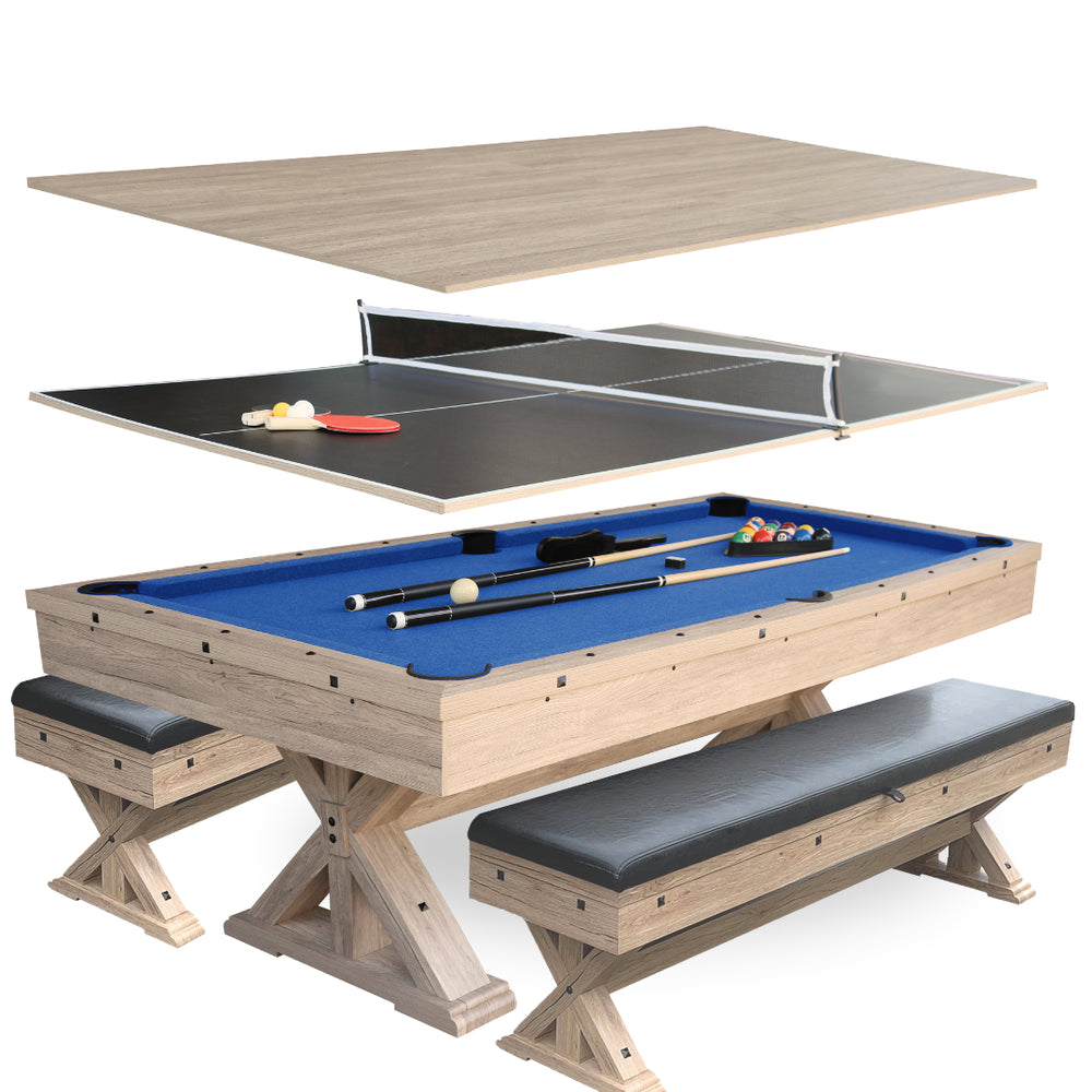 Freetime Fun The Rockford 7' Multi-Game Table-Multi-Game Tables-Freetime Fun-Table + Benches (with Storage Seating)-Rustic Oak with Blue Felt-Game Room Shop