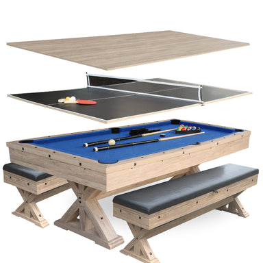 Freetime Fun The Rockford 7' Multi-Game Table-Multi-Game Tables-Freetime Fun-Table + Benches (with Storage Seating)-Rustic Oak with Blue Felt-Game Room Shop