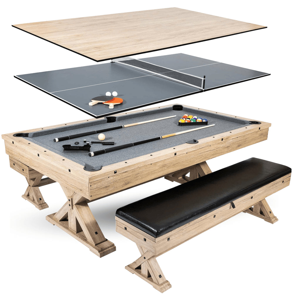 Freetime Fun The Rockford 7' Multi-Game Table-Multi-Game Tables-Freetime Fun-Table + Benches (with Storage Seating)-Rustic Oak with Grey Felt-Game Room Shop
