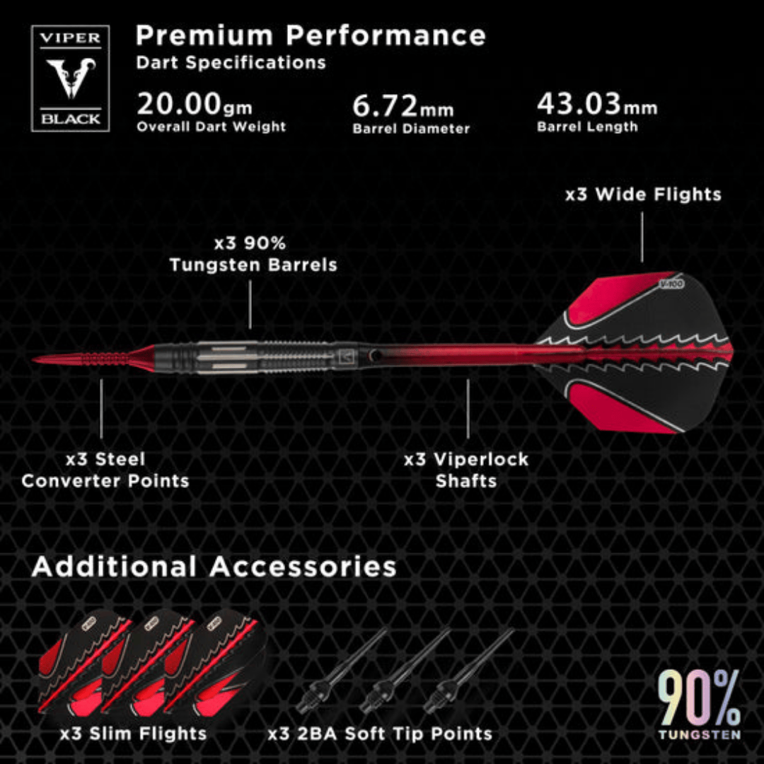 Viper Black Flux 90% Tungsten Steel or Soft Tip Conversion Darts 20 Grams-Darts-Game Room Shop-Red-Game Room Shop