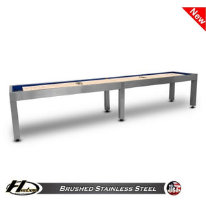 Hudson Brushed Stainless Steel Shuffleboard Table 9'-22' Lengths with Custom Stain Options