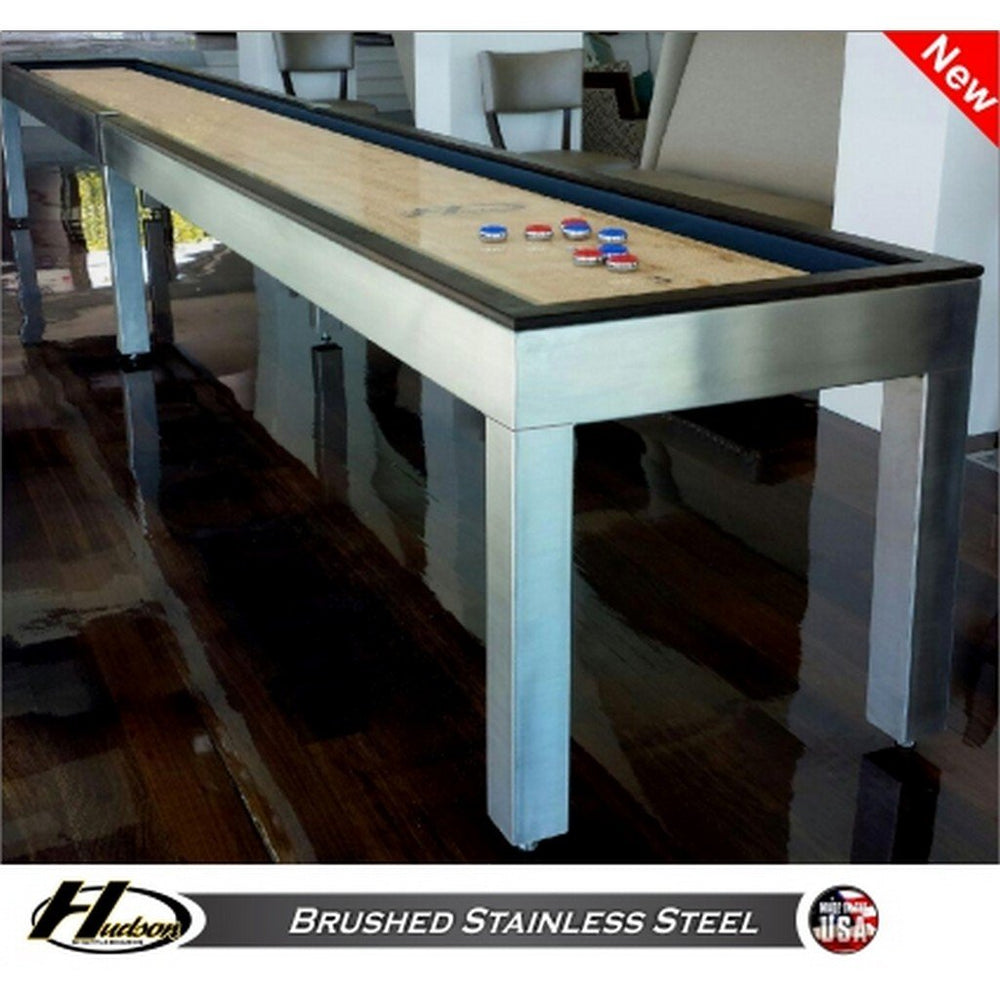 Hudson Brushed Stainless Steel Shuffleboard Table 9'-22' Lengths with Custom Stain Options - Game Room Shop