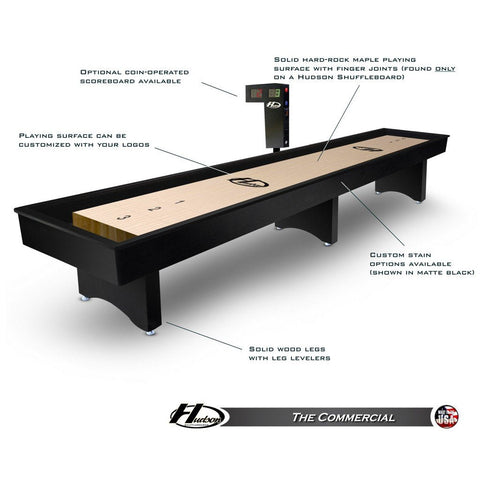 Hudson "The Commercial" Shuffleboard Table 9'-22' Lengths with Custom Stain Options - Game Room Shop